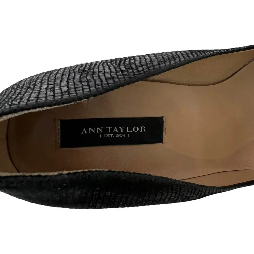 Ann Taylor Black Snakeskin Embossed‎ Leather Round Toe Stiletto Pumps Size 7.5M